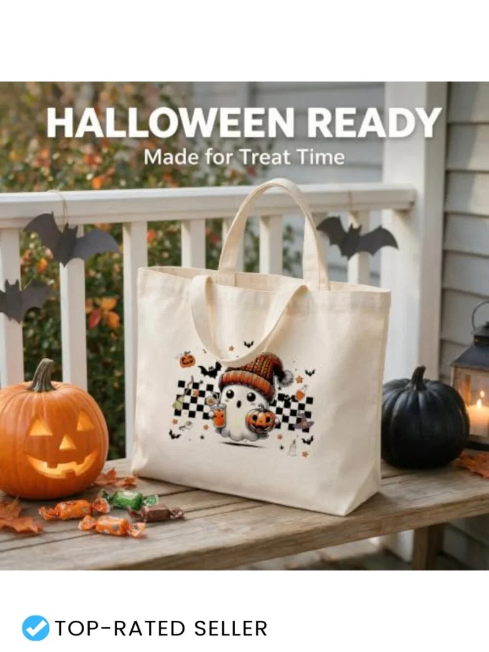 Halloween Ghost Canvas Tote Bag for Trick or Treating, Reusable Fall Gift